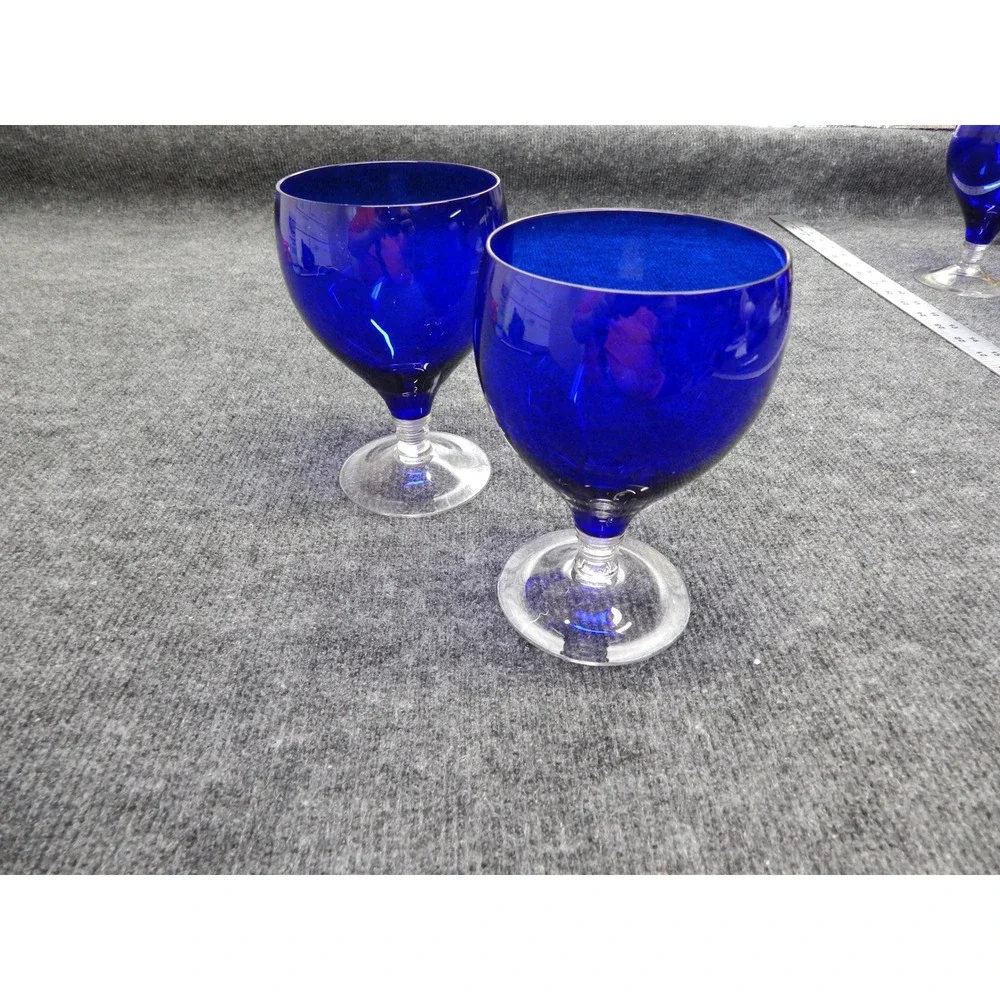 Cobalt Blue Glass Wine Goblets Clear Stem Set of 2 Mid Century Modern